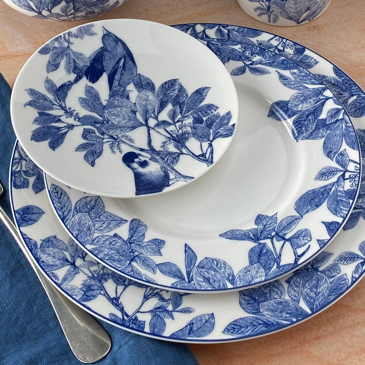 Arbor Rimmed Blue Botanical Porcelain Plate - Dinner 10.75" or Salad 8"