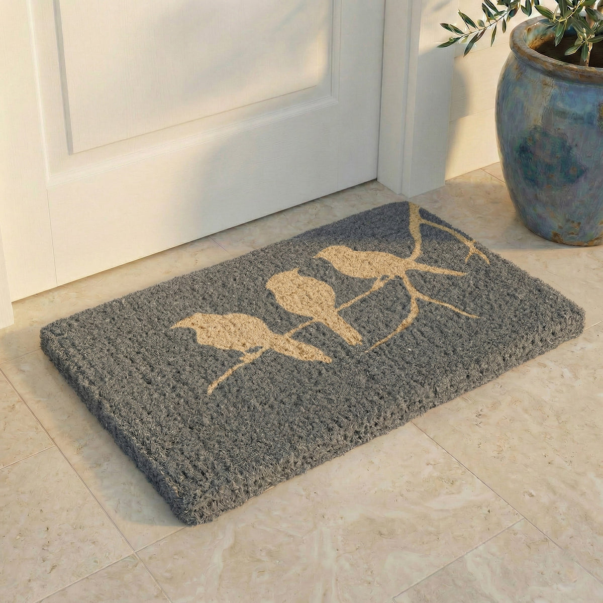 Paillasson en fibre de coco gris - Oiseaux sur branche