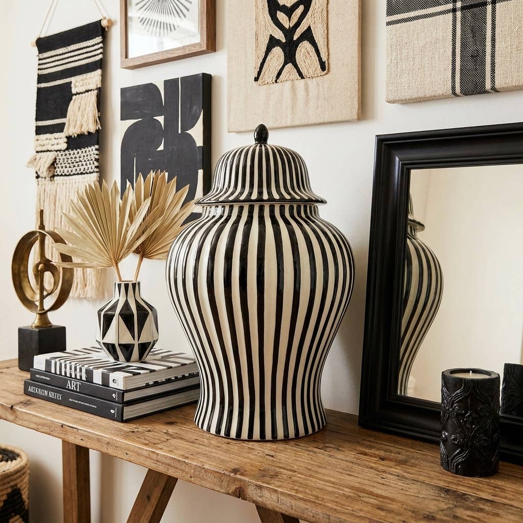 Black & White Candy Cane Striped Ceramic Vase – 18"