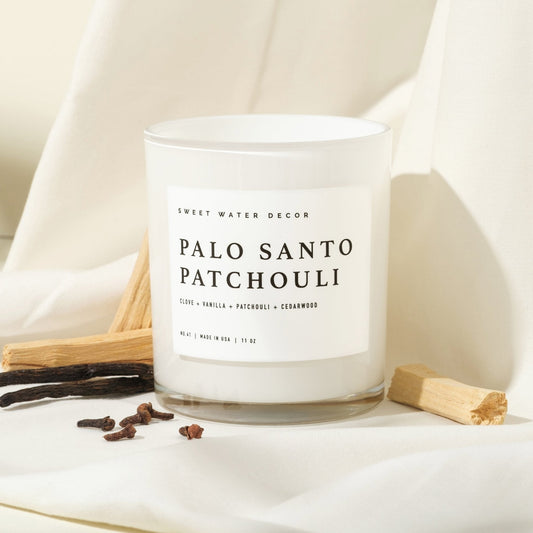 Bougie au palo santo et au patchouli, cire de soja – pot blanc – 11 oz