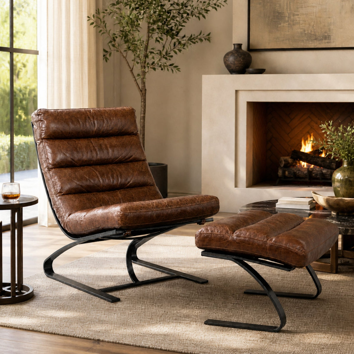 Lavello Leather Chair and Stool Set