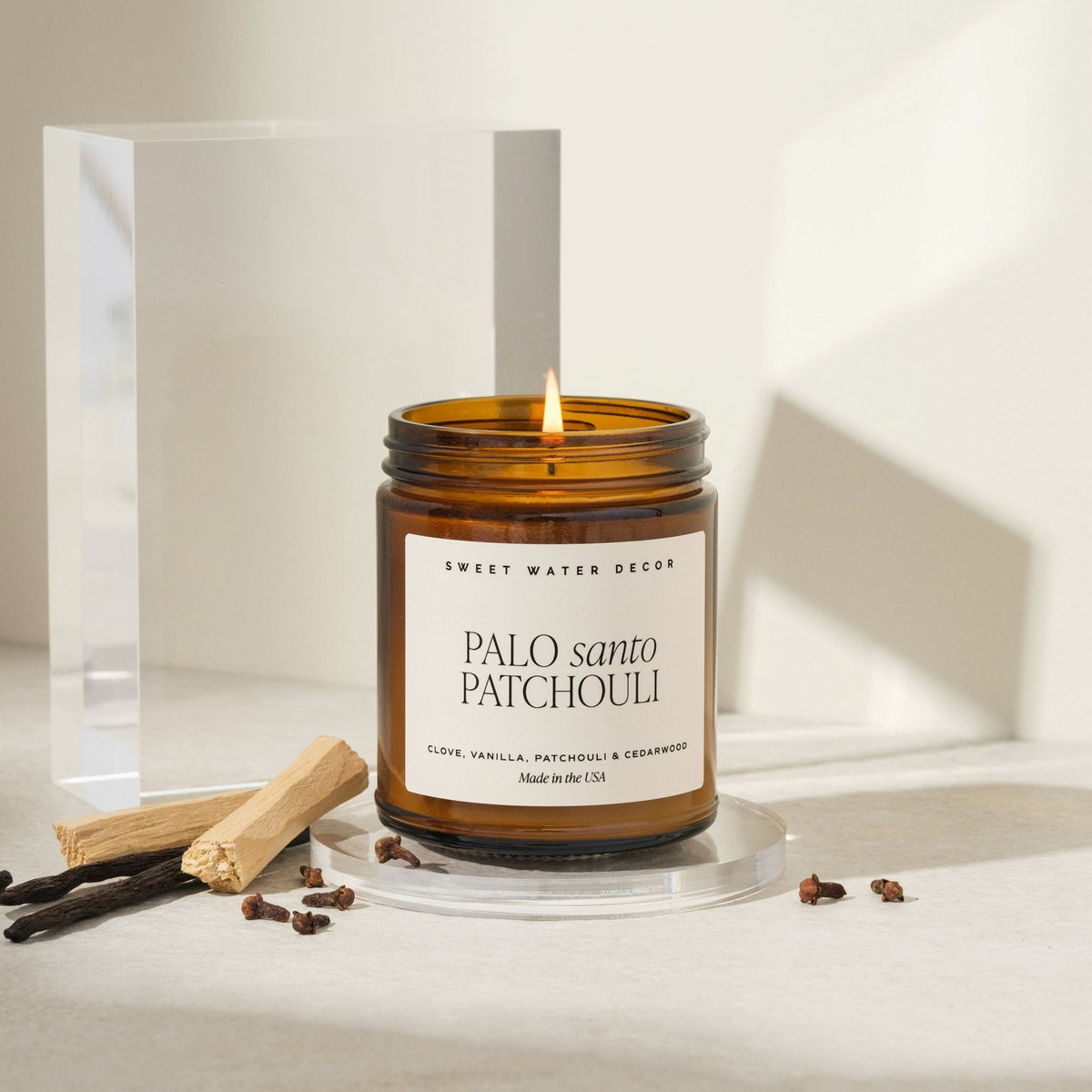 Bougie au soja Palo Santo et Patchouli - Pot ambré - 9 oz
