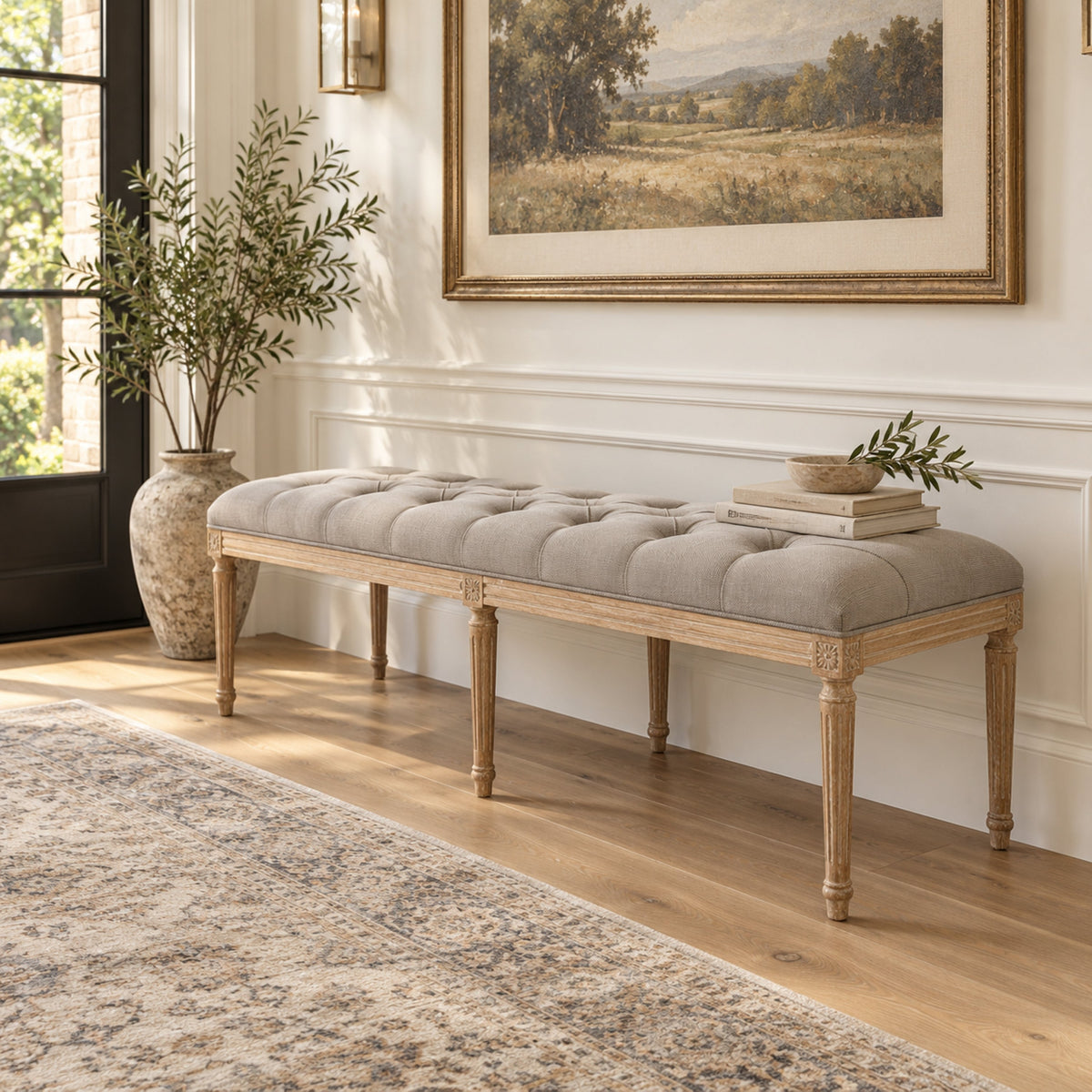 Louis Tufted Linen Oak Bench
