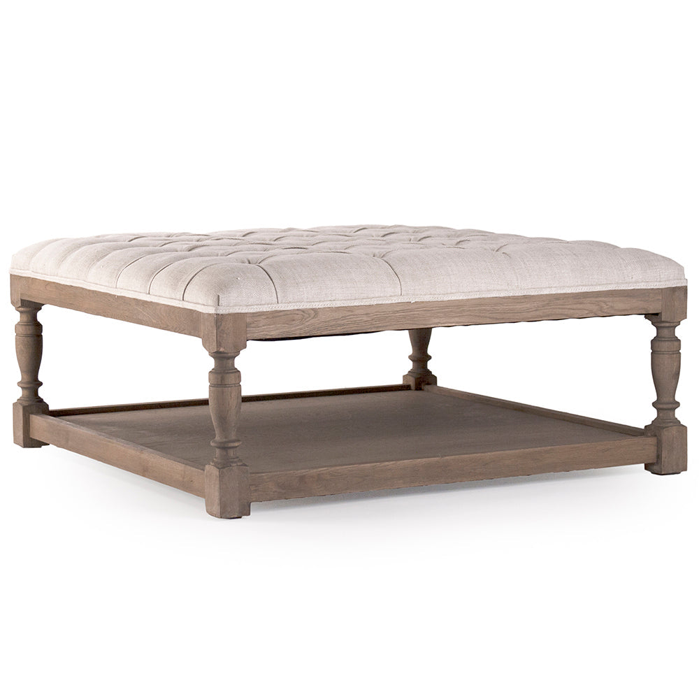 Square Tufted Natural Linen Oak Ottoman