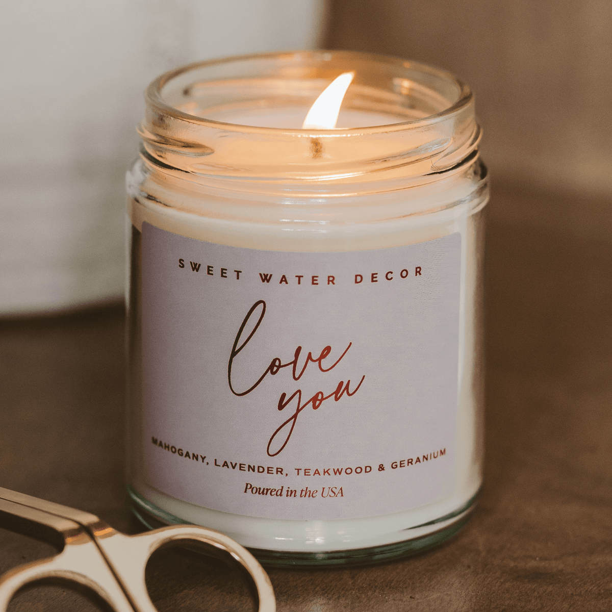 Bougie à motifs « Love You » en cire de soja - Pot transparent - 255 g (9 oz)