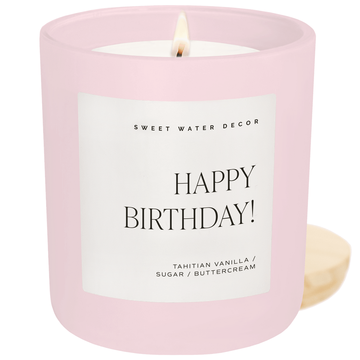 Candela in soia "Happy Birthday" - Vaso opaco rosa - 15 oz (Crema al burro e vaniglia)