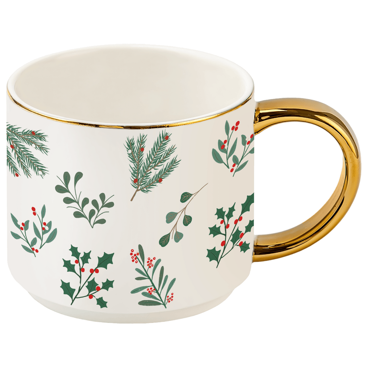 Mug à café 14 oz avec anse dorée motif feuillage de Noël