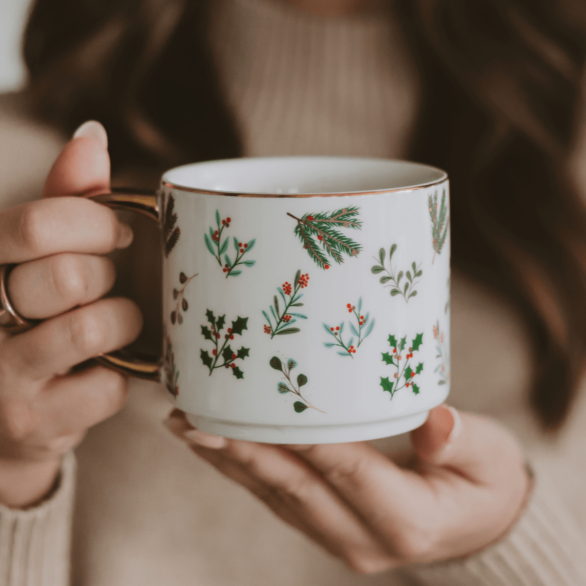Mug à café 14 oz avec anse dorée motif feuillage de Noël