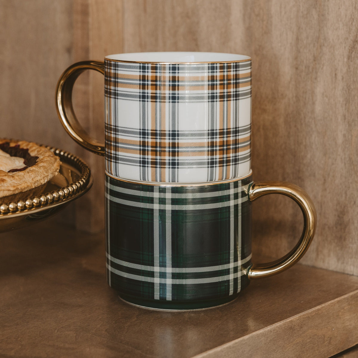 Mug à café orange et bleu marine à carreaux, 14 oz, anse dorée