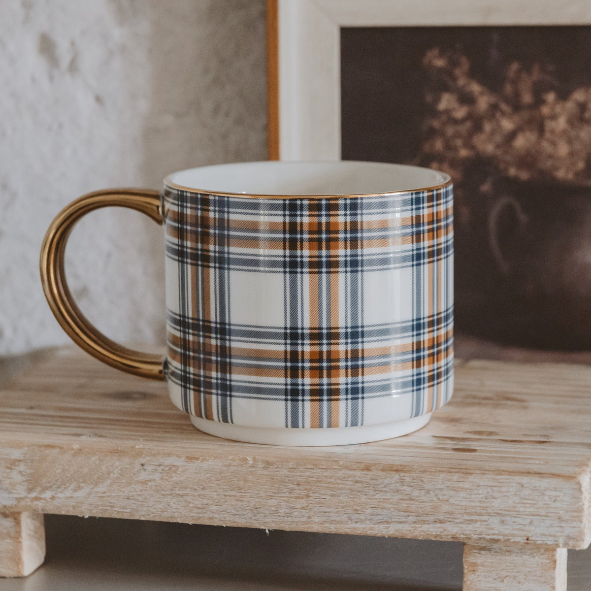 Mug à café orange et bleu marine à carreaux, 14 oz, anse dorée