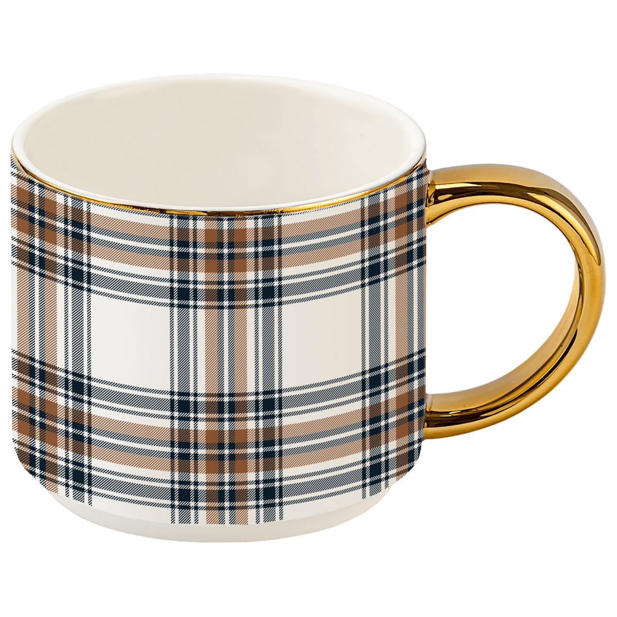 Mug à café orange et bleu marine à carreaux, 14 oz, anse dorée