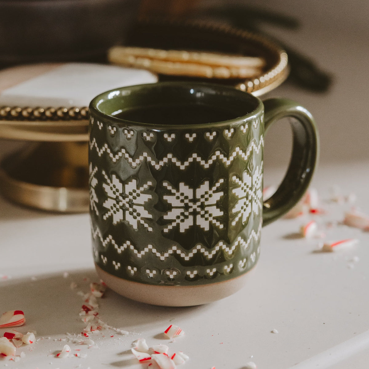Mug à café en grès 14 oz, motif jacquard vert