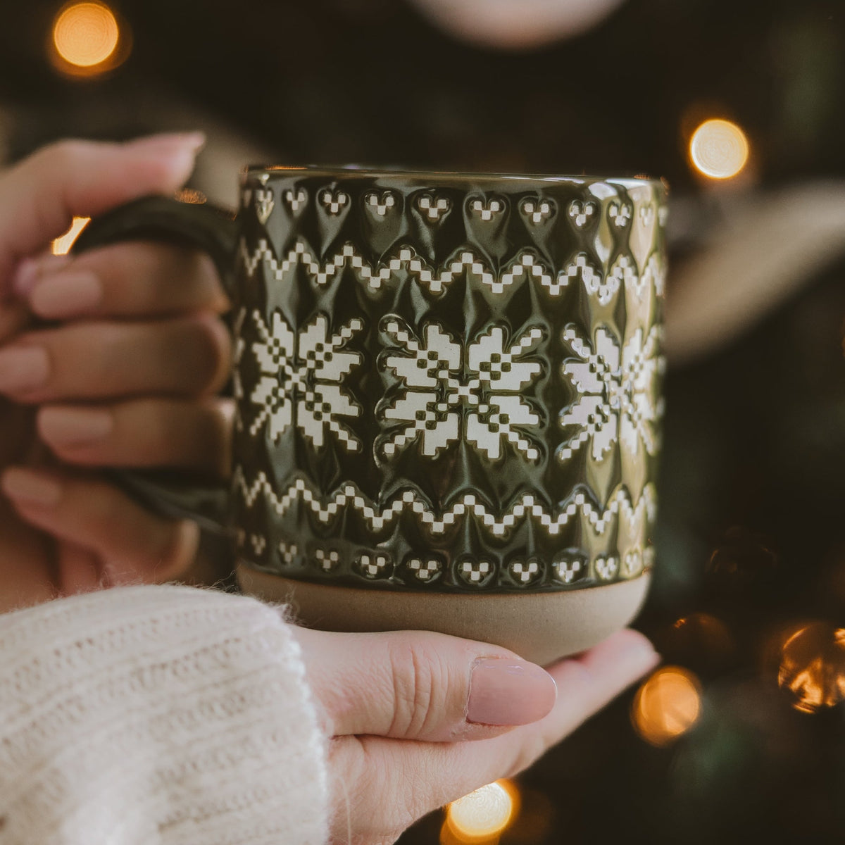 Mug à café en grès 14 oz, motif jacquard vert