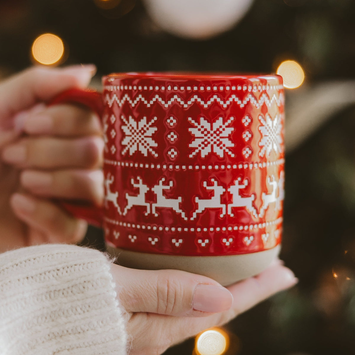 Tazza da caffè in gres da 14 once con motivo Fair Isle rosso