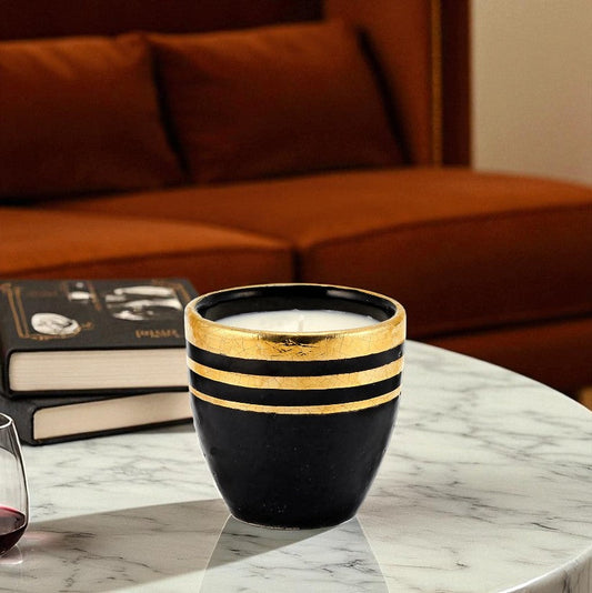 DERUTA MILANO : Grande bougie noire à rayures en or pur peintes à la main