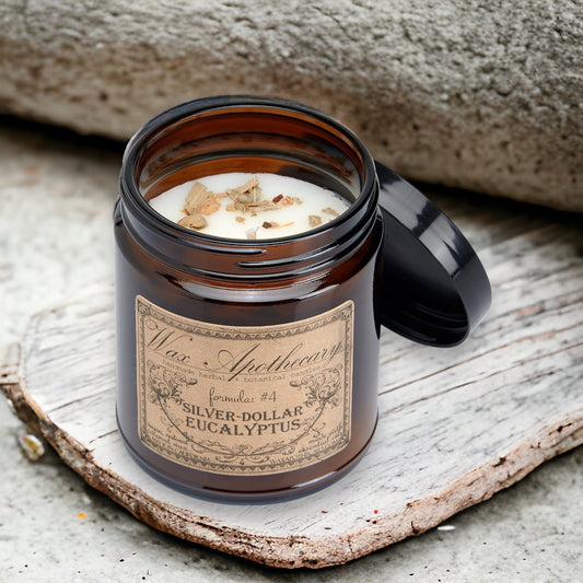 Candela botanica da 6 oz in vasetto di vetro ambrato - Eucalipto Silver-Dollar