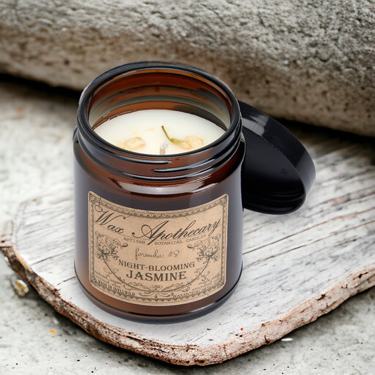 Bougie botanique de 170 g dans un pot en verre ambré - Jasmin de nuit