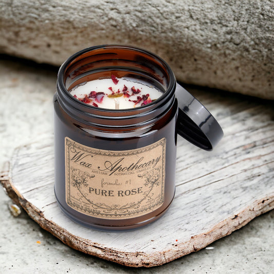 Bougie botanique de 6 oz dans un pot en verre ambré - Rose pure
