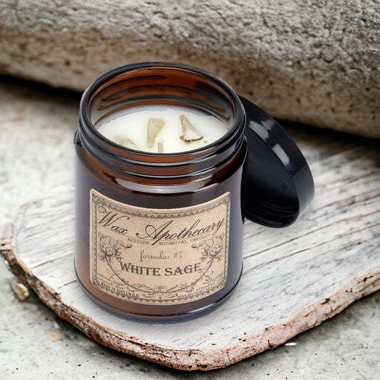 Candela botanica da 6 oz in vaso di vetro ambrato - Salvia bianca