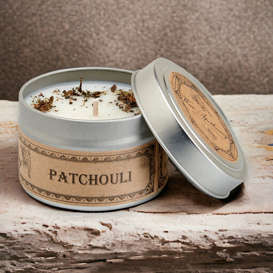 Bougie botanique au patchouli en boîte de voyage
