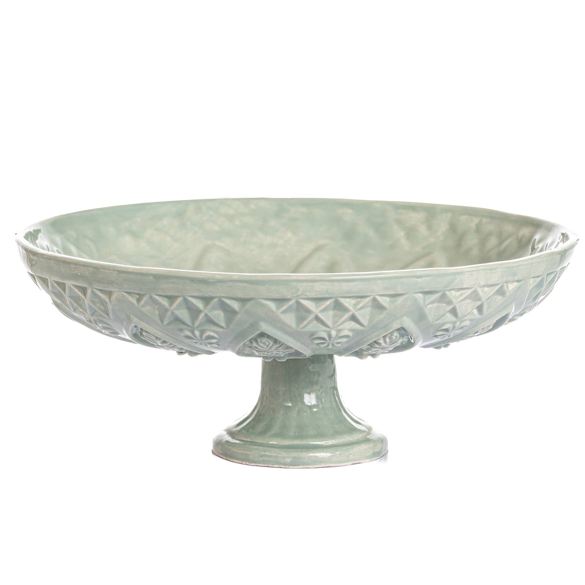 Vintage Inspired Handmade Ceramic Cake Stand – Green, White, Gray & Taupe