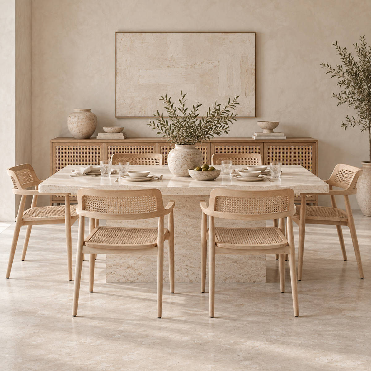 Poltrona da pranzo Pasha in legno massello e rattan naturale