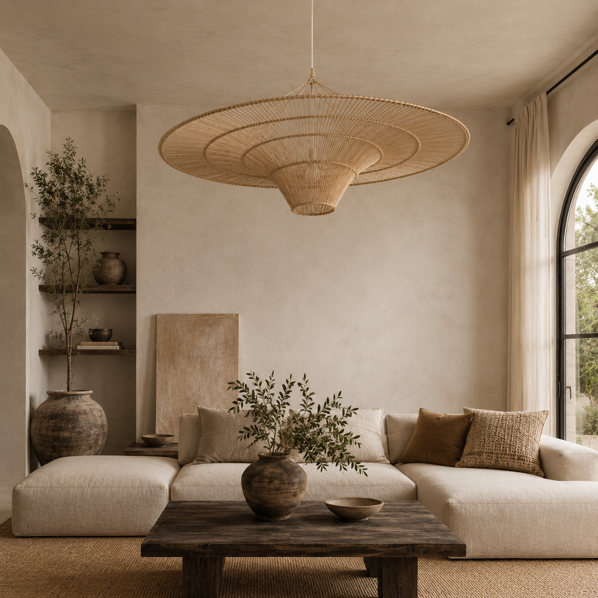 Paralume a sospensione Sabrina in rattan intrecciato a mano oversize da 40"