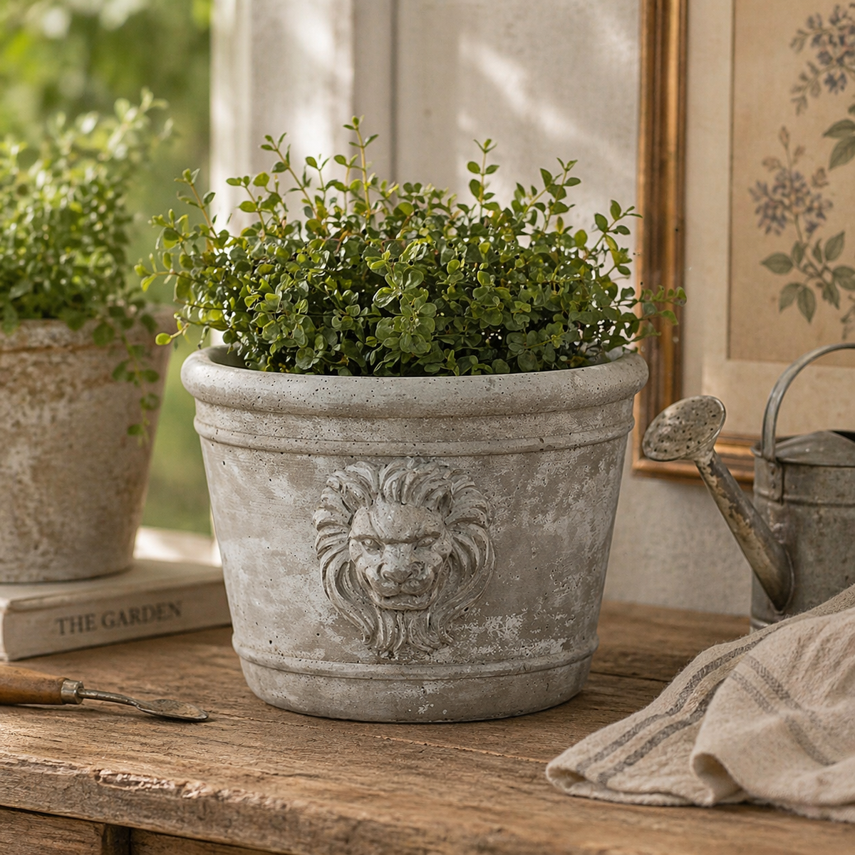 Jardinière tête de lion en ciment moulé