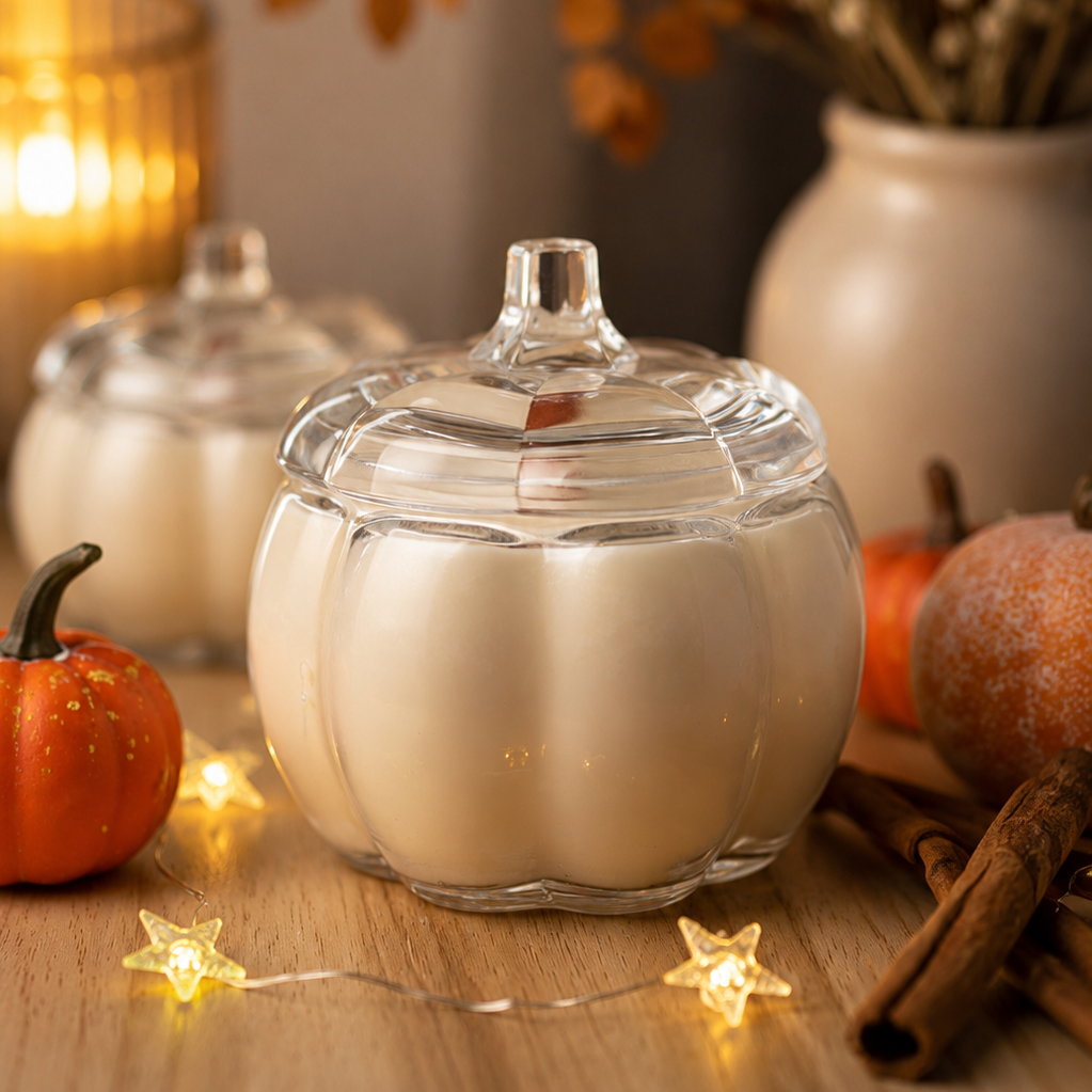Candela in vetro a forma di zucca con coperchio | Decorazione autunnale per la casa | Regalo candela autunnale