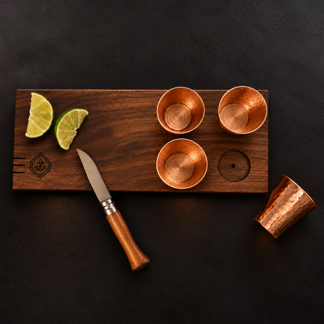 Copper Shot Glass Wood Serving Board Set (Sertodo and Son of a Sailor collaboration)