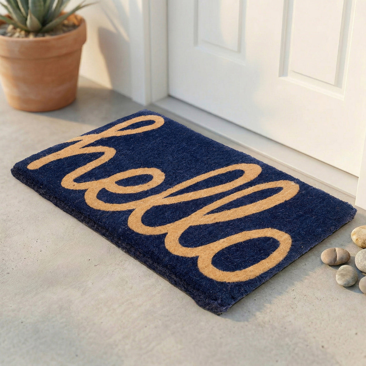 Paillasson « Hello » en cursive, tissé à la main, durable - Bleu foncé
