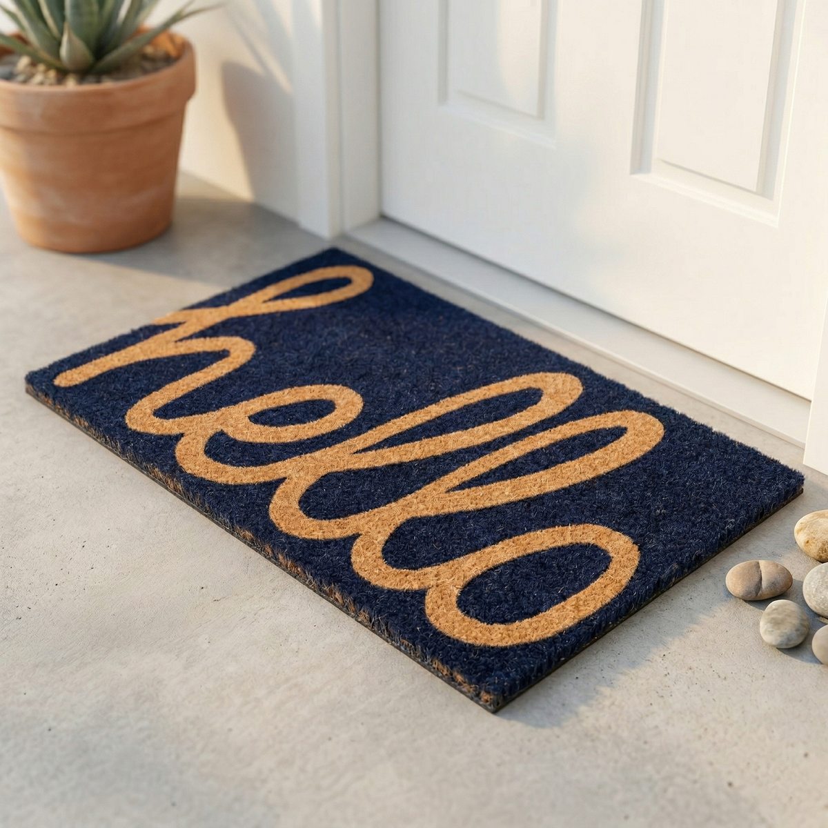 Paillasson « Hello » en cursive, tissé à la main, durable - Bleu foncé