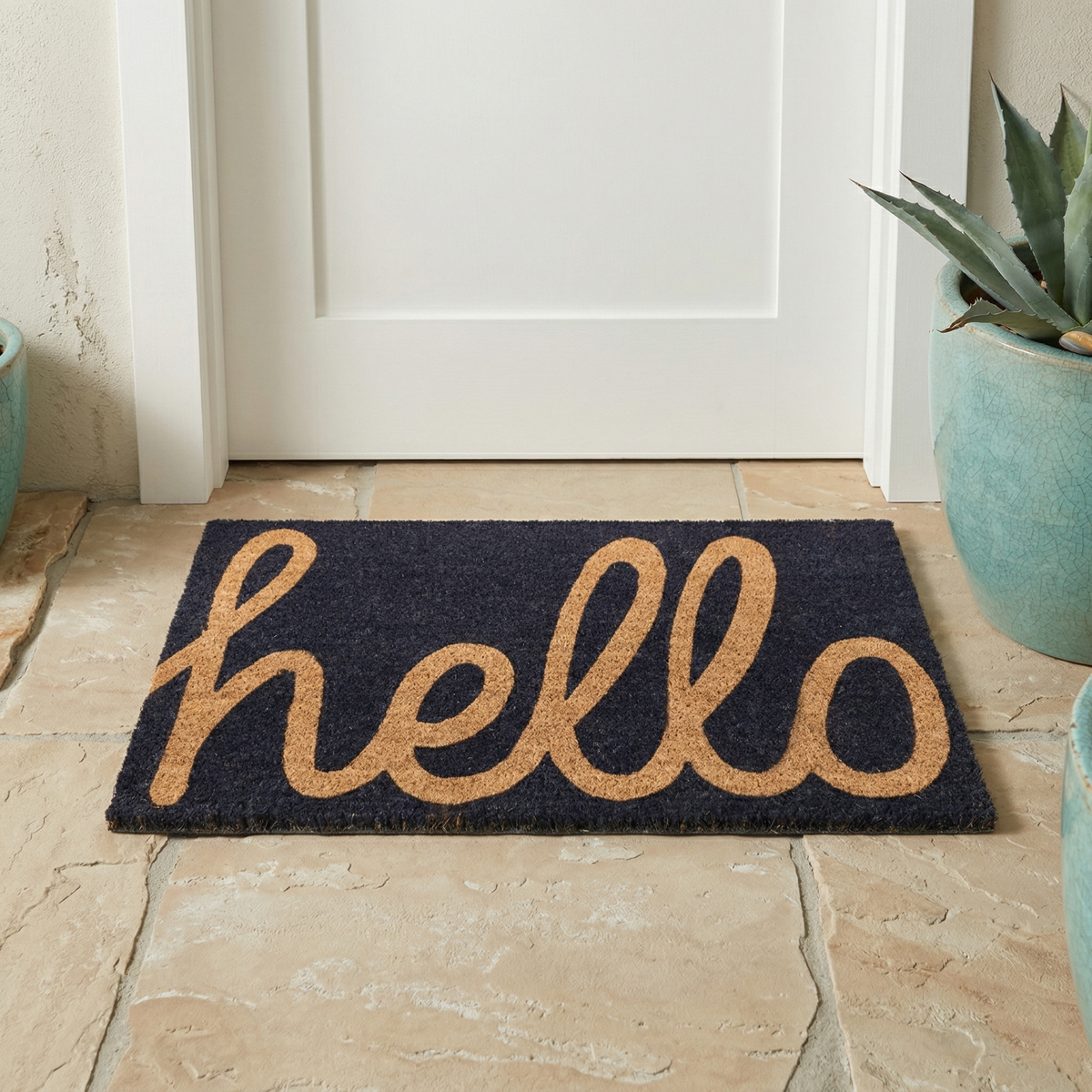 Paillasson « Hello » en cursive, tissé à la main, durable - Bleu foncé