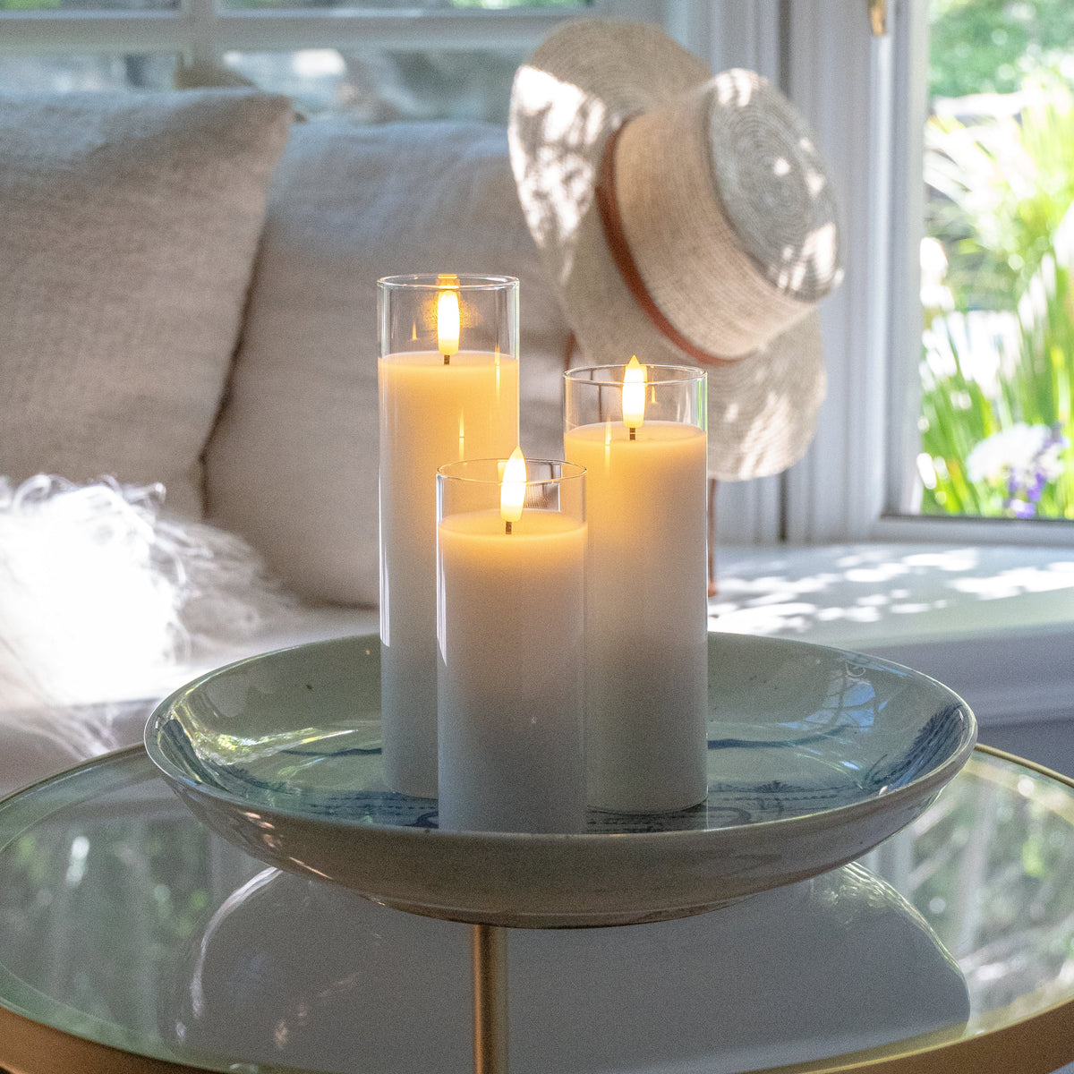 White Pillar Flameless LED Glass Candle Set of 3 - With Remote and Timer