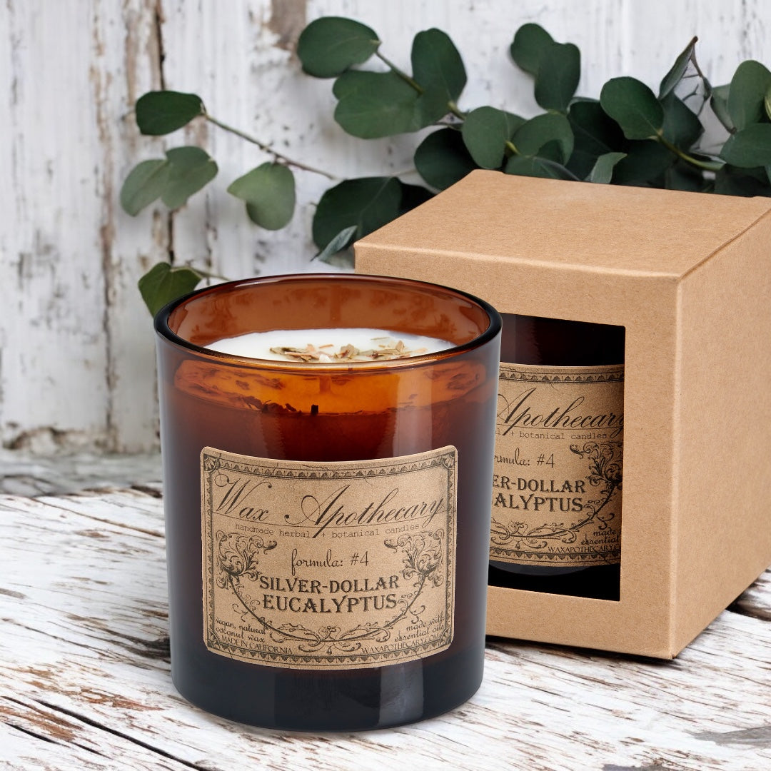 9 oz Silver-Dollar Eucalyptus Artisan Amber Glass Candle