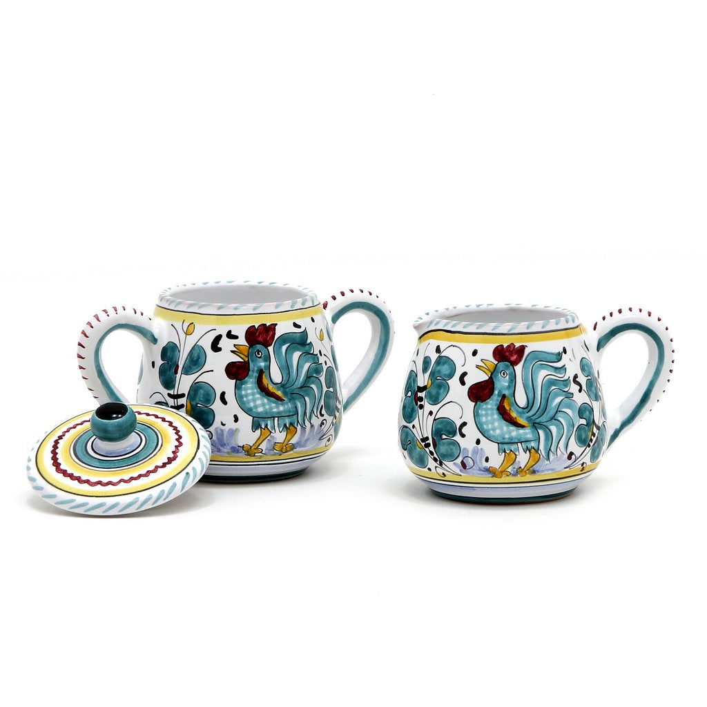 ORVIETO GREEN ROOSTER: Sugar and Creamer