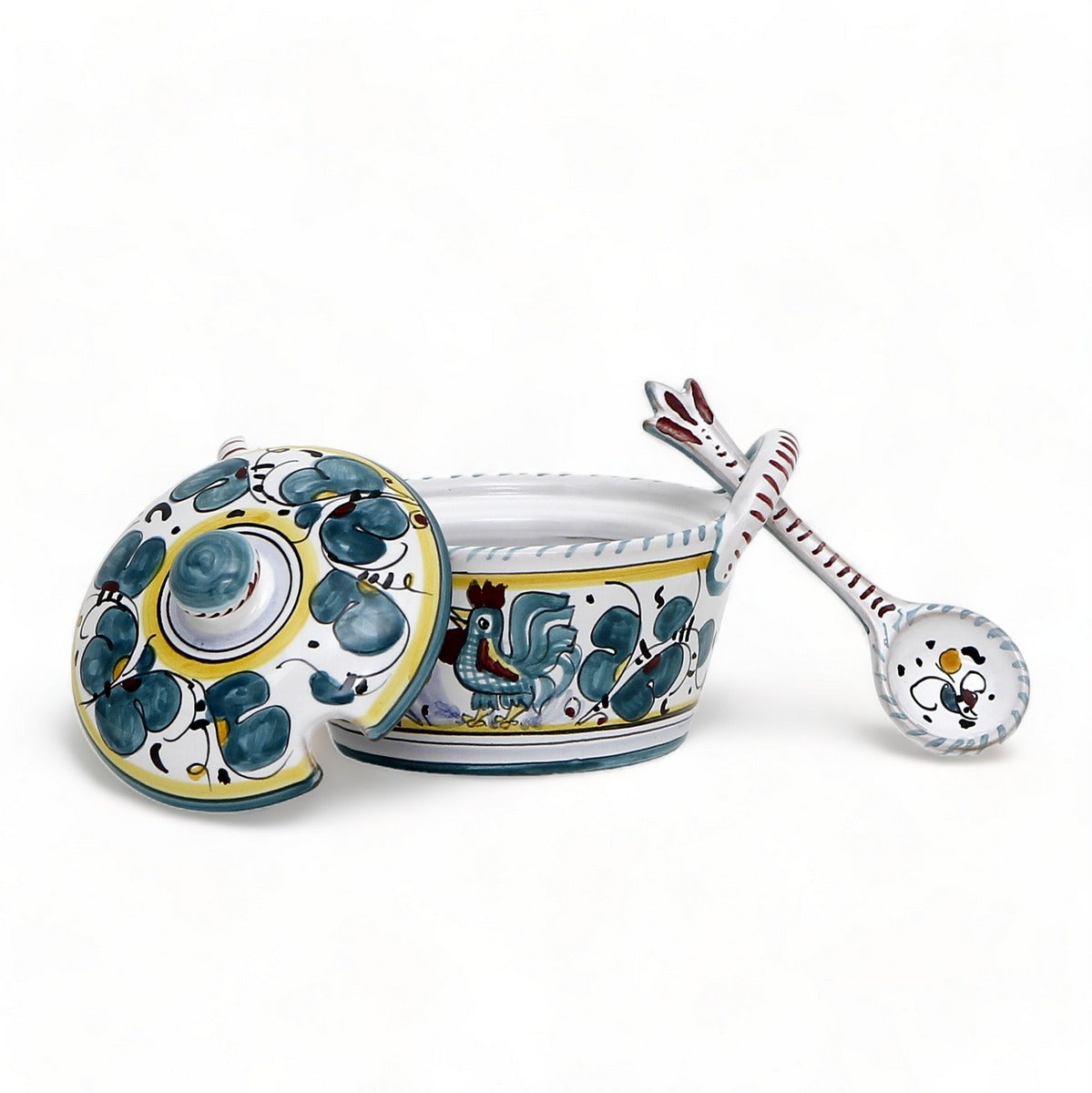 ORVIETO GALLO VERDE: Formaggiera in ceramica con coperchio e cucchiaino