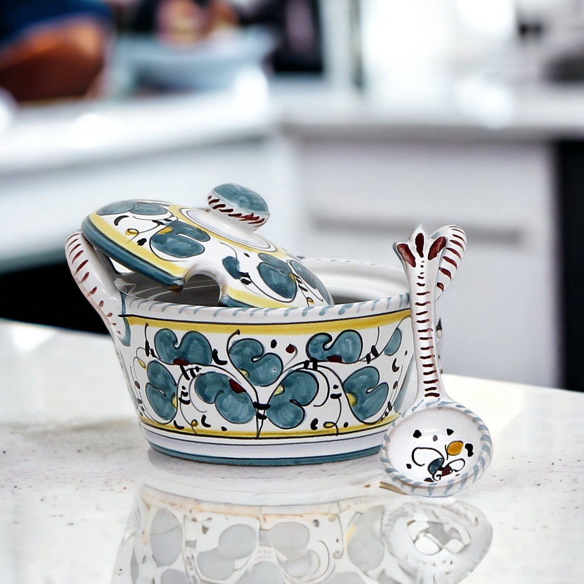 ORVIETO GALLO VERDE: Formaggiera in ceramica con coperchio e cucchiaino