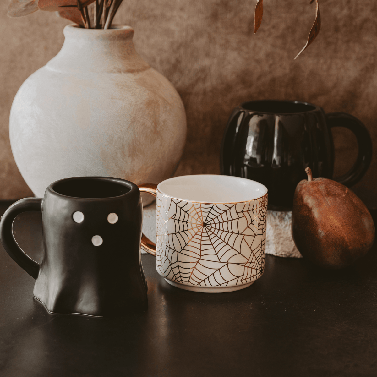 Mug à café de 14 oz avec anse dorée motif toiles d'araignée