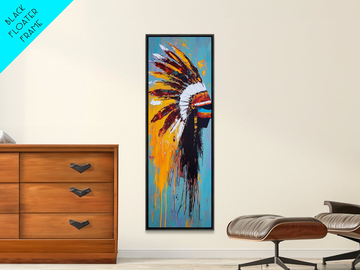 Stampa su tela con copricapo di piume audace, arte da parete afrocentrica, arte da parete sud-occidentale, ritratto colorato, arte da parete verticale