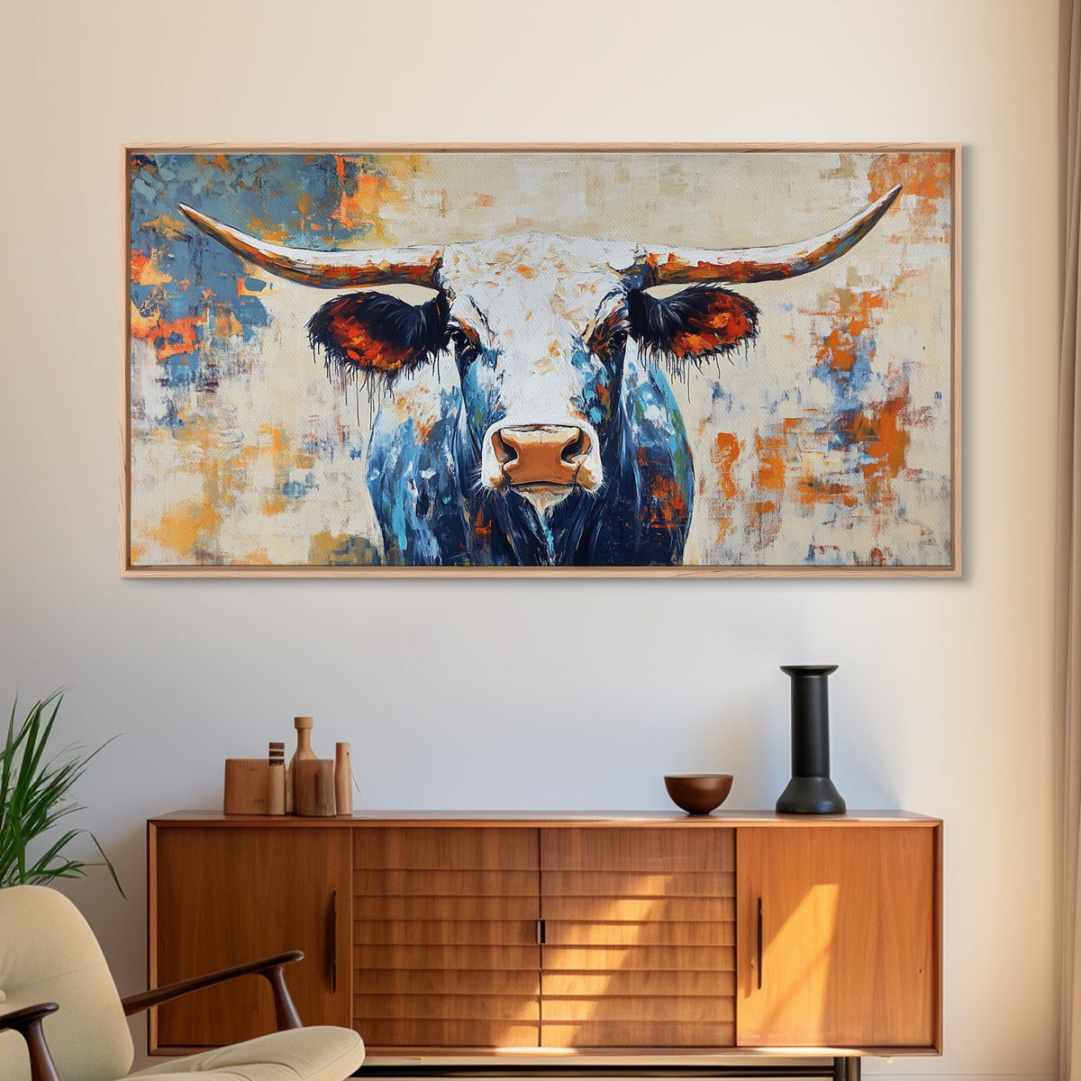 Dipinto di longhorn, stampa su tela con cornice, decorazione da parete rustica, arte da parete sud-occidentale, arte in stile casale, arte extra larga, arte sopra il divano, arte d'atmosfera