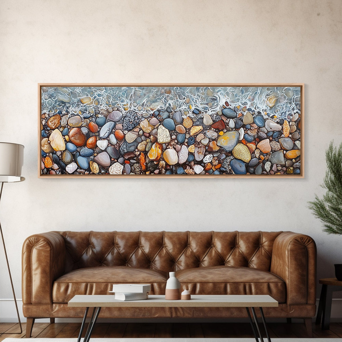 Décoration côtière, art sur galets de mer, peinture sur galets de plage, décoration murale nautique, peinture de paysage marin, art mural long et étroit, impression sur toile