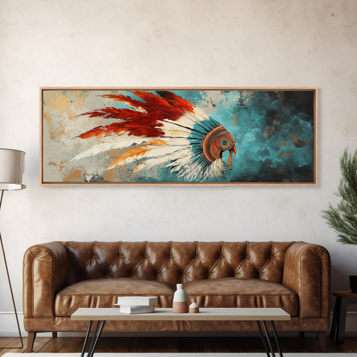 Copricapo dei nativi americani, ritratto moderno, arte murale del sud-ovest, arte d'atmosfera, stampa su tela incorniciata, idea regalo per lei