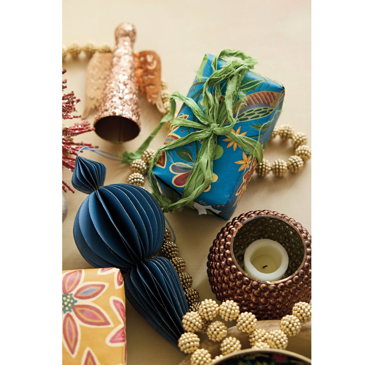 Blue Handmade Recycled Paper Honeycomb Finial Ornament with Gold Glitter – 2 Sizes