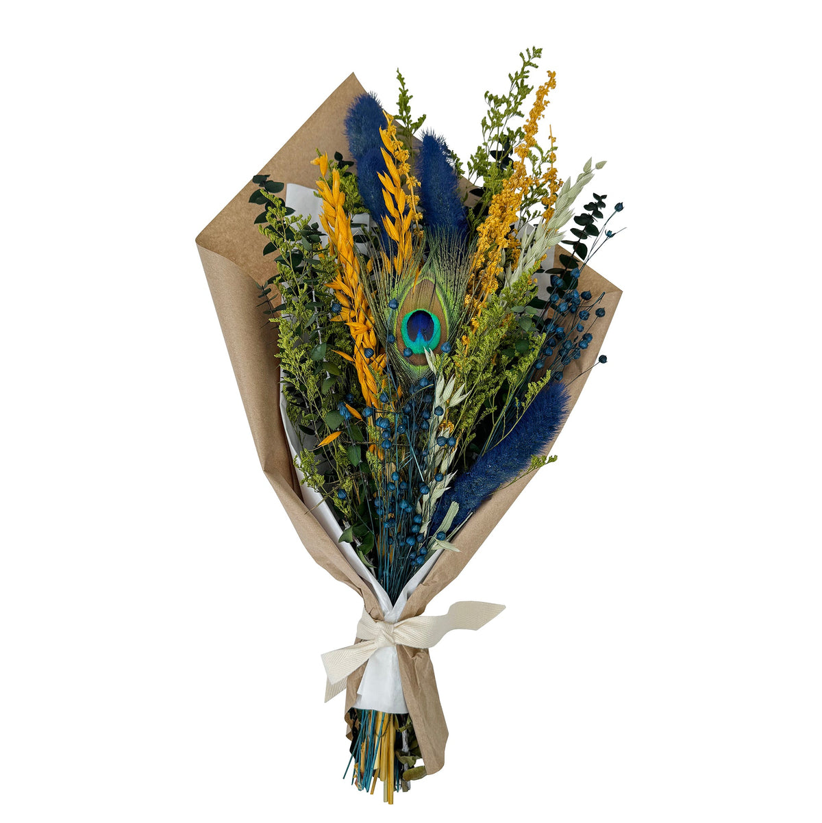 Bouquet floreale con piume di pavone