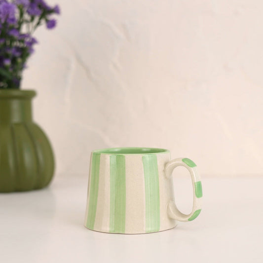 Tasse à café rayures vertes | Mug en grès peint à la main | 220 ml (Lot de 2)