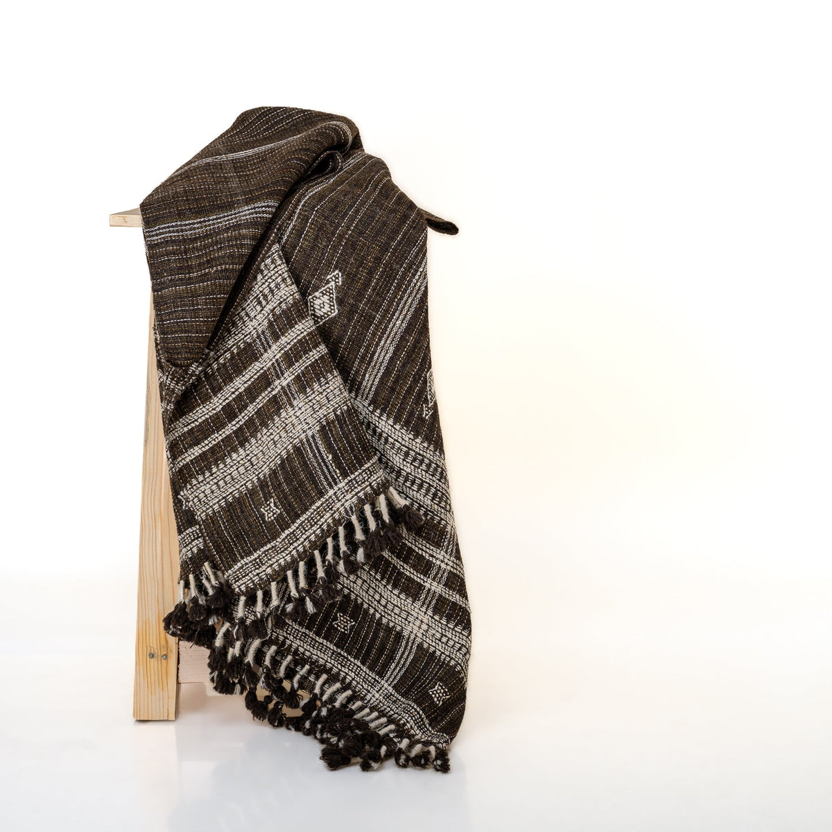 Warm Brown Indian Wool Throw Blanket, Handwoven Sofa Coverlet with Lodge Bedroom Layer - BRONZITE