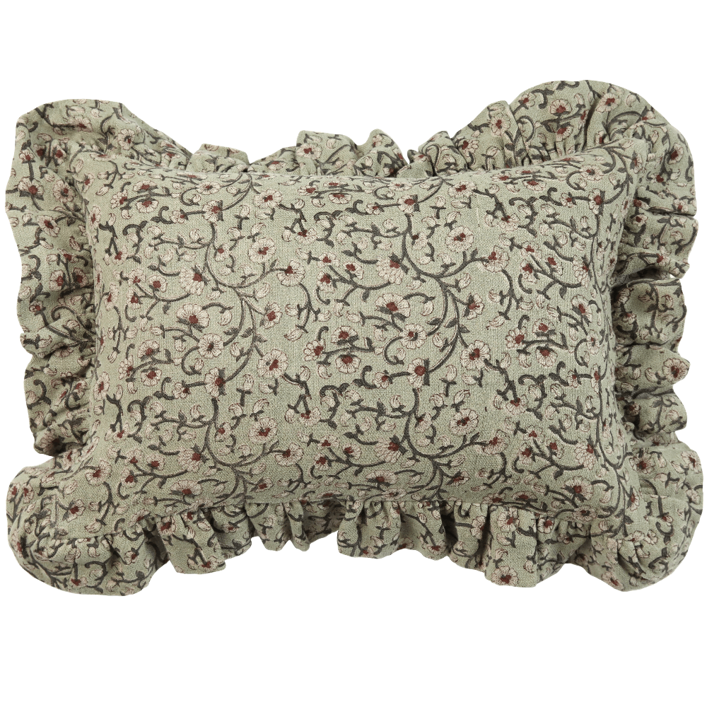 Fodera per cuscino decorativo in lino con stampa floreale Inaya, color Beachwood con volant