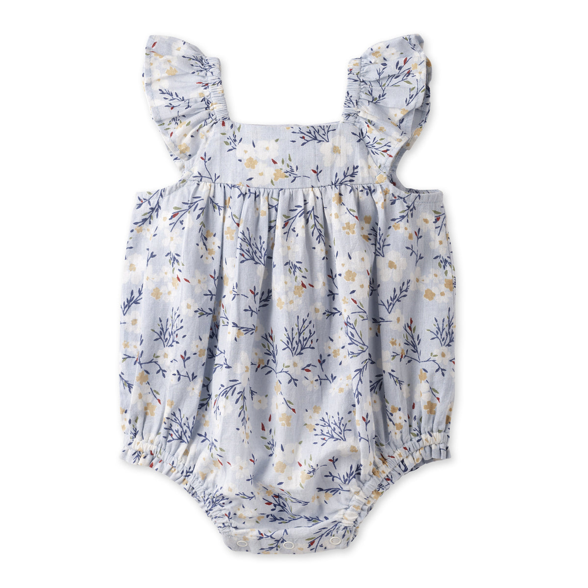 Baby Girl Blue Floral Bubble Romper – Cotton Linen Sunsuit