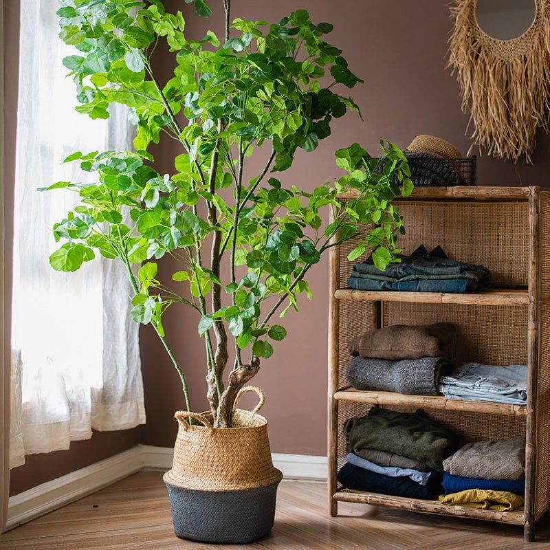 Albero di banyan artificiale con foglie di melo in vaso, in seta